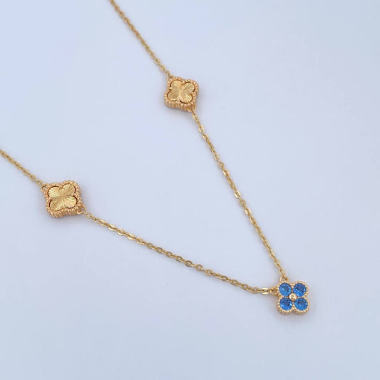Cadena Aro Seguido Treboles 7.6gr / 50.6cm / 1.1mm Diamantada Circones Azules Oro Amarillo 18K &
