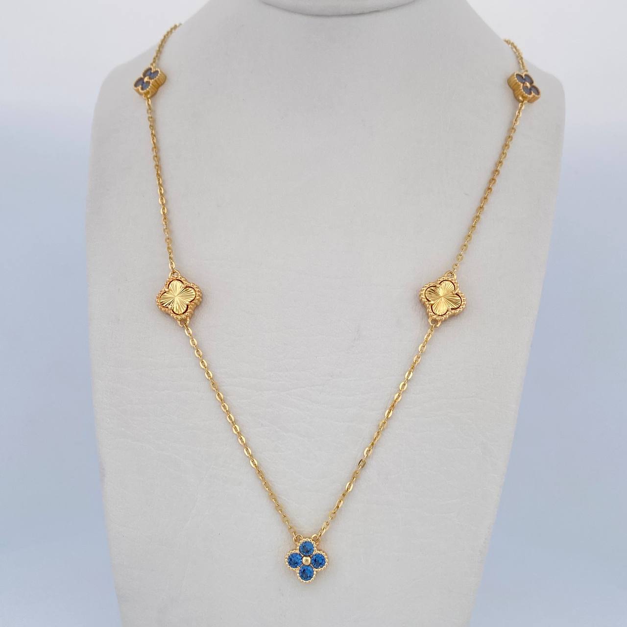 Cadena Aro Seguido Treboles 7.6gr / 50.6cm / 1.1mm Diamantada Circones Azules Oro Amarillo 18K &