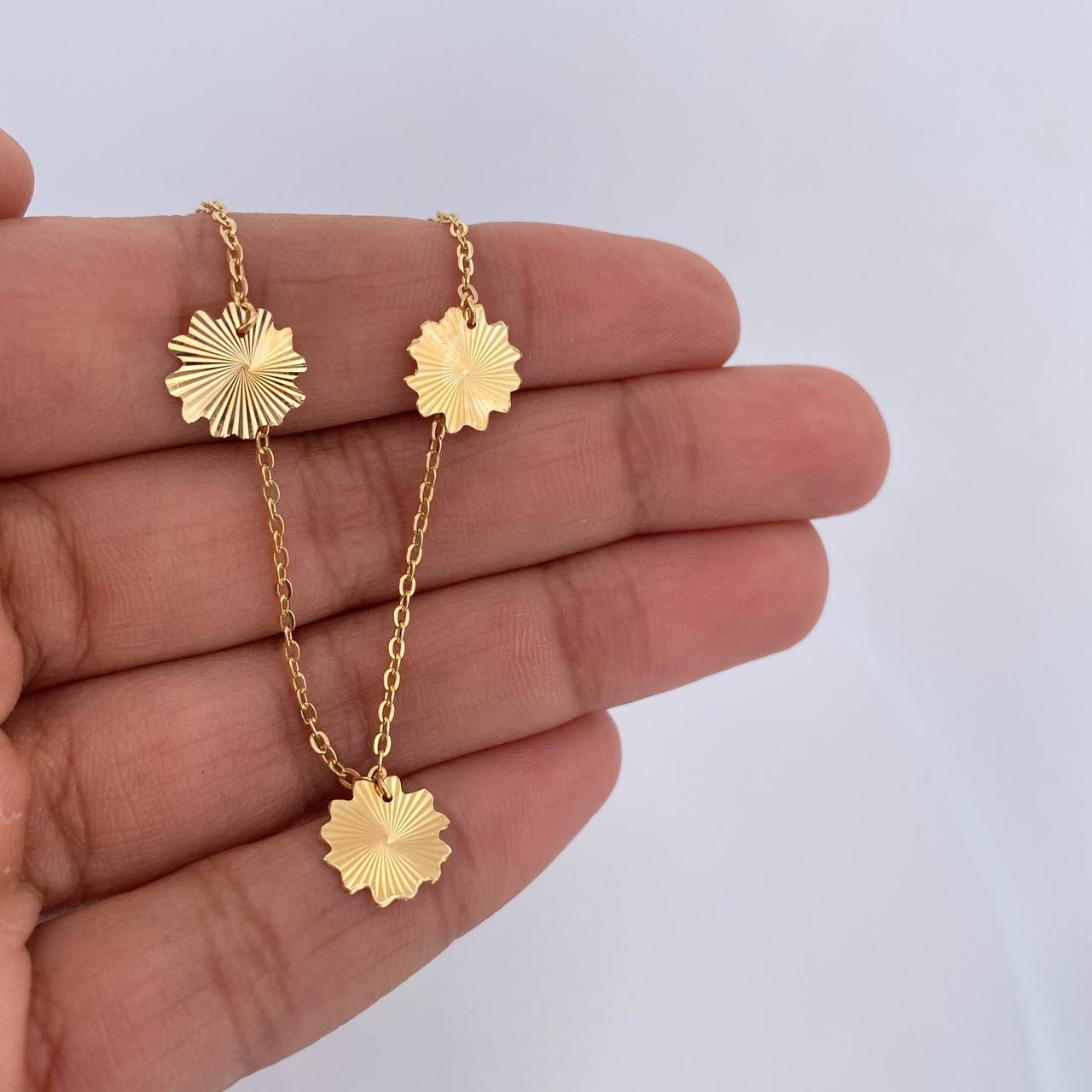 Tobillera Aro Seguido Flores 2.3gr / 25.4cm / 1.1mm Diamantada Oro Amarillo 18K &