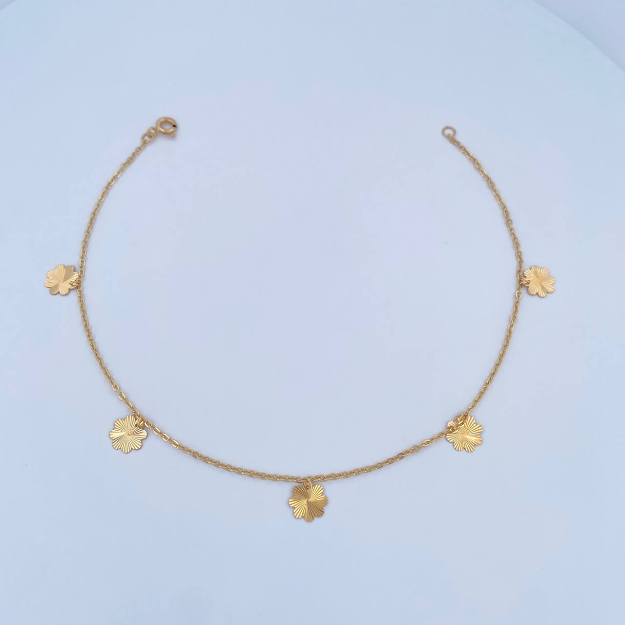 Tobillera Aro Seguido Flores 1.95gr / 25.1cm / 1.1mm Diamantada Oro Amarillo 18K &