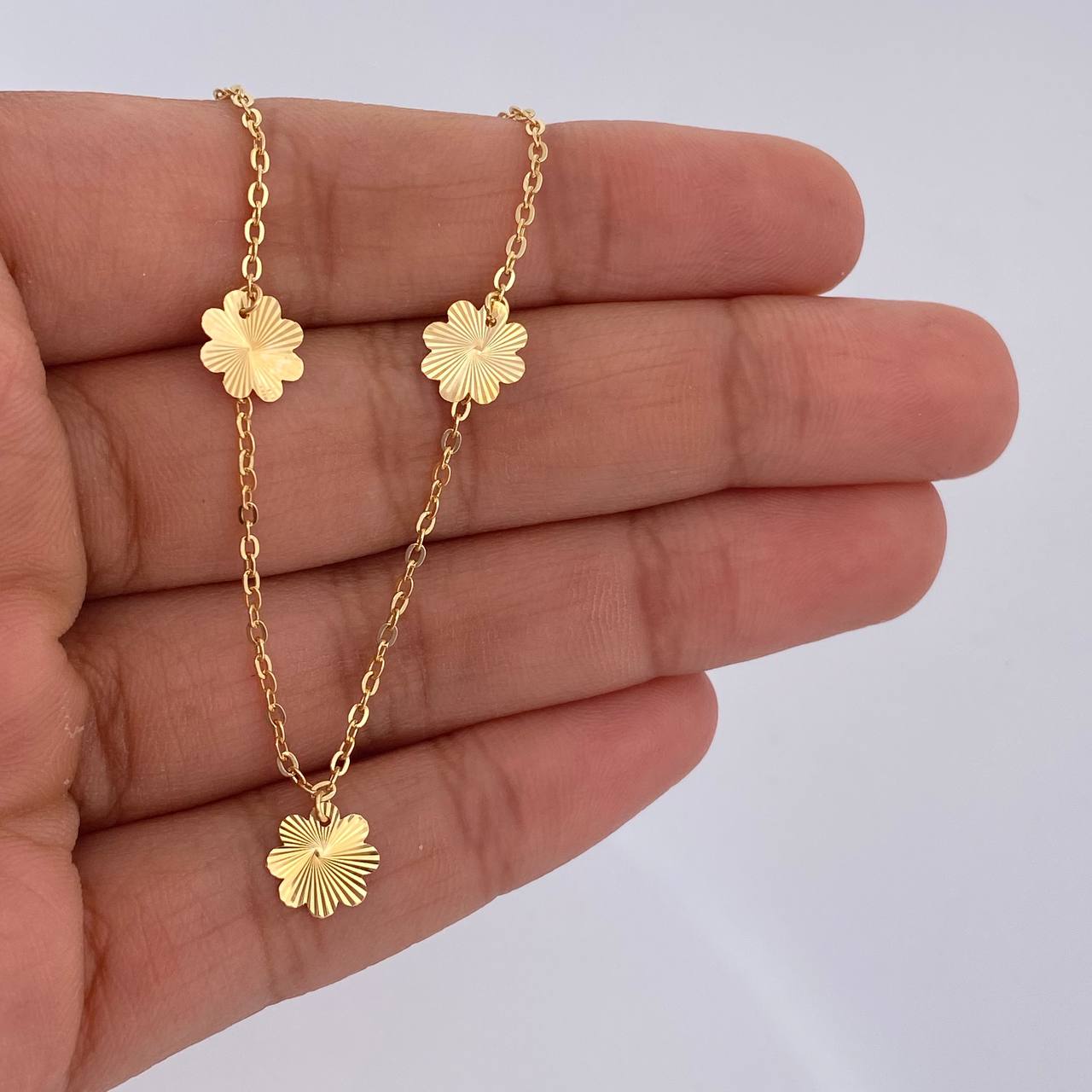 Tobillera Aro Seguido Flores 1.95gr / 25.1cm / 1.1mm Diamantada Oro Amarillo 18K &