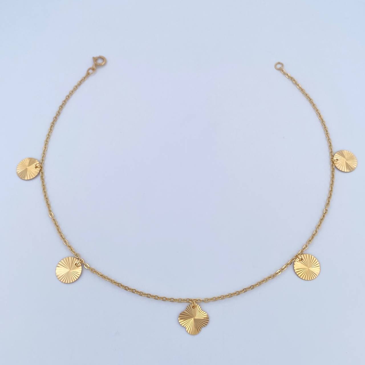 Tobillera Aro Seguido Circulos Trebol 2.15gr / 25.4cm / 1.1mm Diamantada Oro Amarillo 18K &