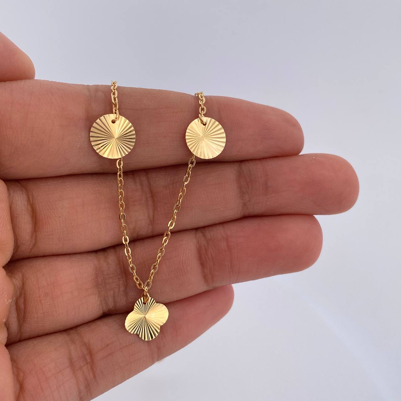 Tobillera Aro Seguido Circulos Trebol 2.15gr / 25.4cm / 1.1mm Diamantada Oro Amarillo 18K &