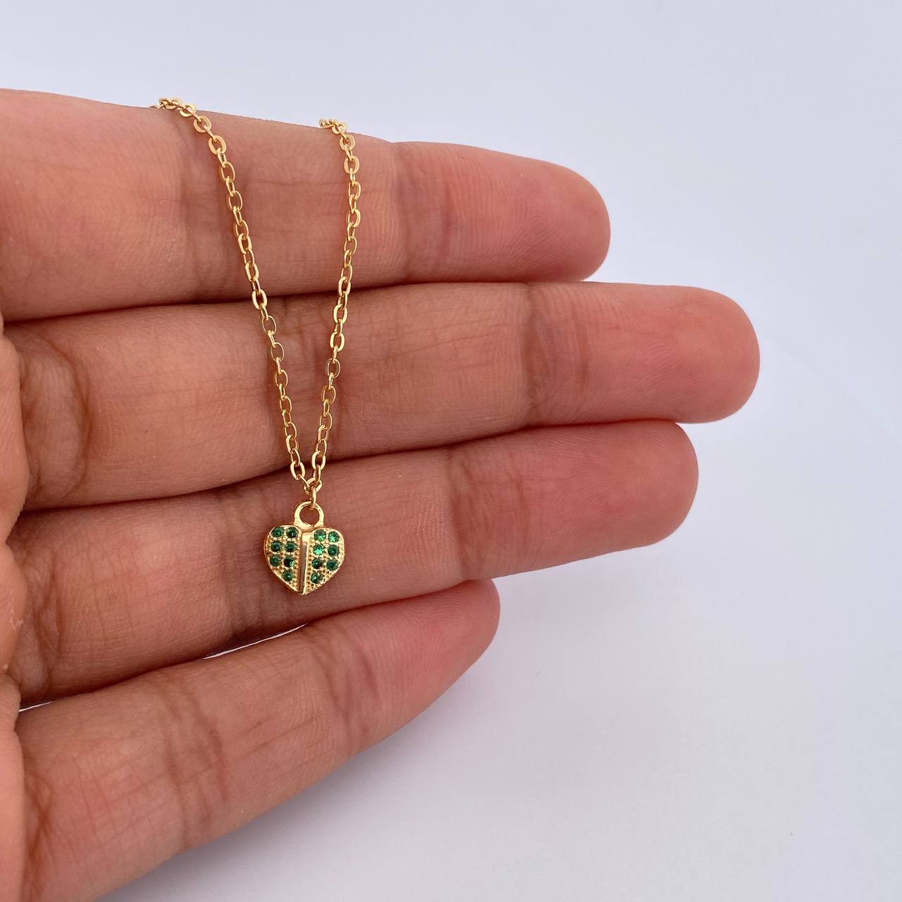 Tobillera Aro Seguido Corazon 2.15gr / 25.6cm / 4mm Bolas Diamantadas Circones Verdes Oro Amarillo 18K &