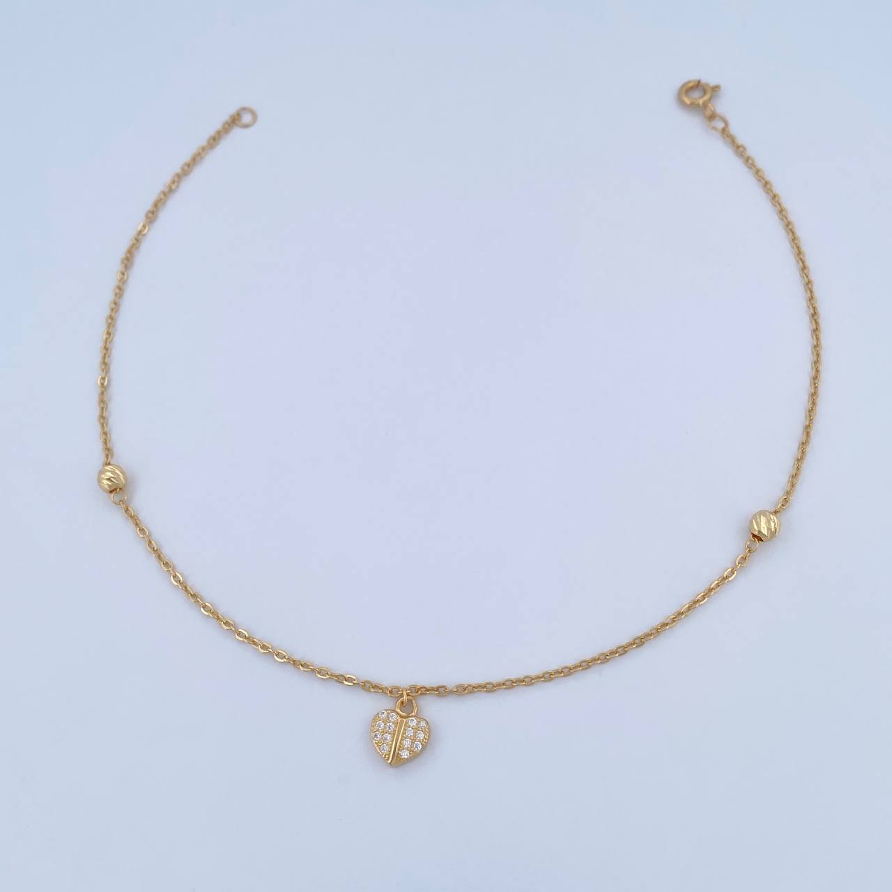 Tobillera Aro Seguido Corazon 2.15gr / 25.5cm / 4mm Bolas Diamantadas Circones Blancos Oro Amarillo 18K &