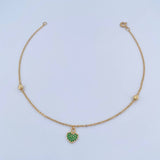 Tobillera Aro Seguido Corazon 2.1gr / 25.2cm / 4mm Bolas Diamantadas Circones Verdes Oro Amarillo 18K &