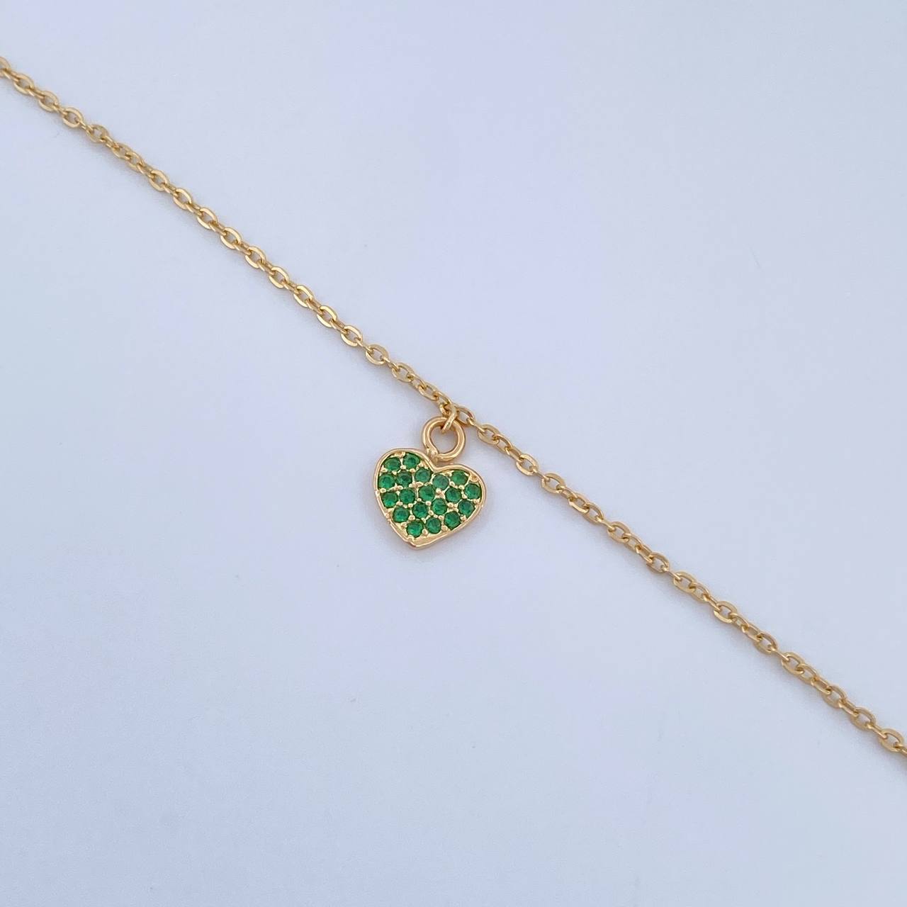 Tobillera Aro Seguido Corazon 2.1gr / 25.2cm / 4mm Bolas Diamantadas Circones Verdes Oro Amarillo 18K &
