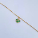 Tobillera Aro Seguido Corazon 2.1gr / 25.2cm / 4mm Bolas Diamantadas Circones Verdes Oro Amarillo 18K &