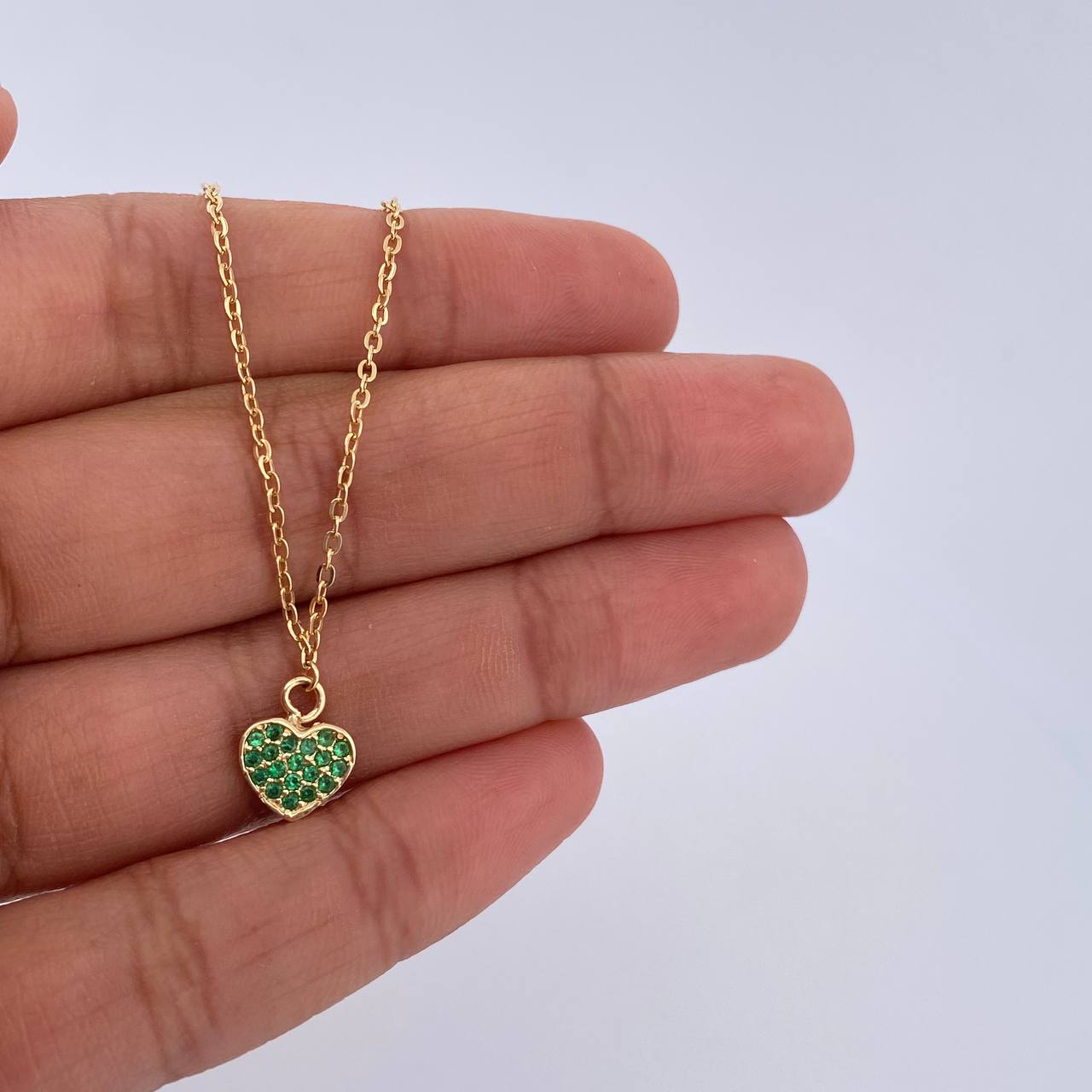 Tobillera Aro Seguido Corazon 2.1gr / 25.2cm / 4mm Bolas Diamantadas Circones Verdes Oro Amarillo 18K &