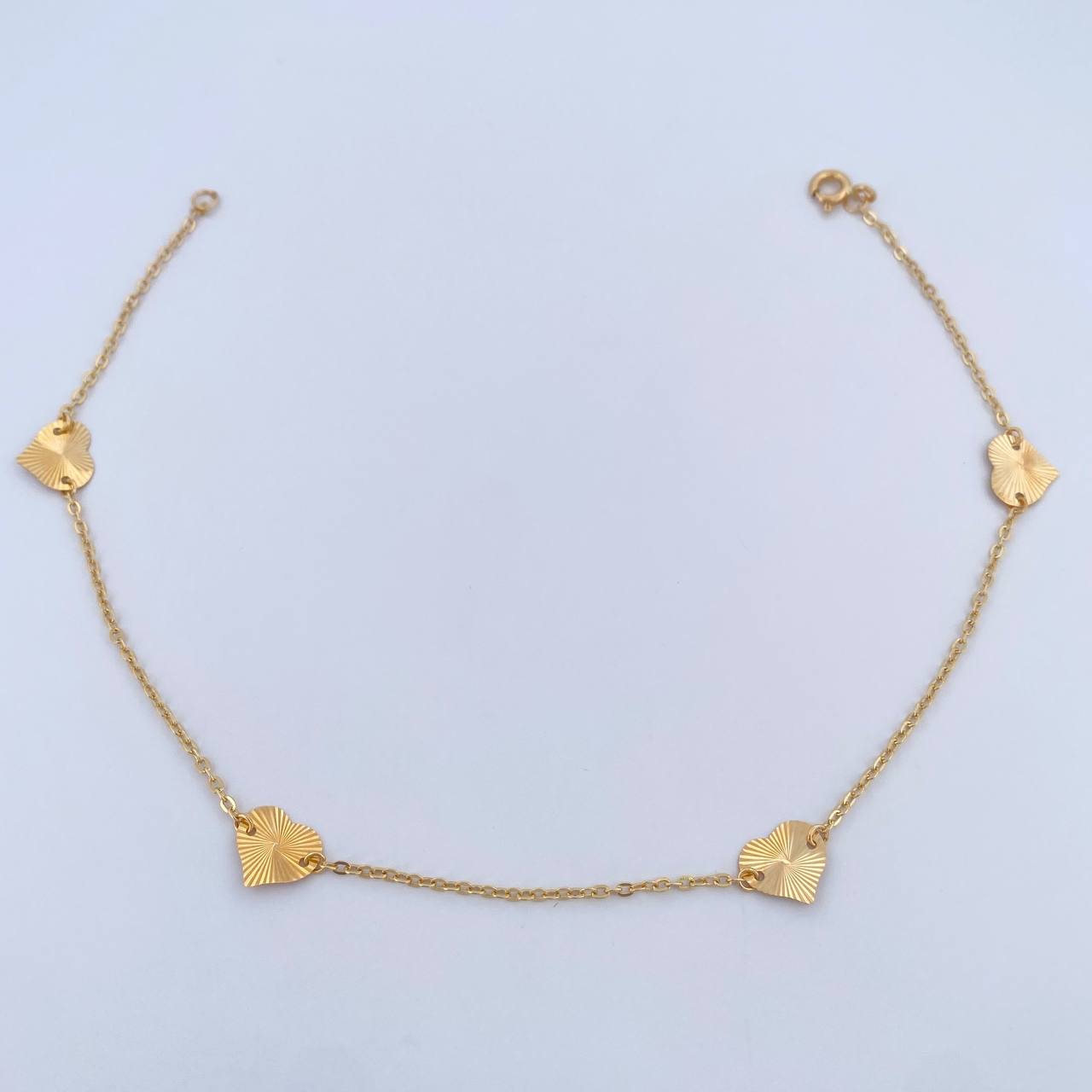 Tobillera Aro Seguido Corazones 1.75gr / 25.1cm / 1.1mm Diamantada Oro Amarillo 18K &