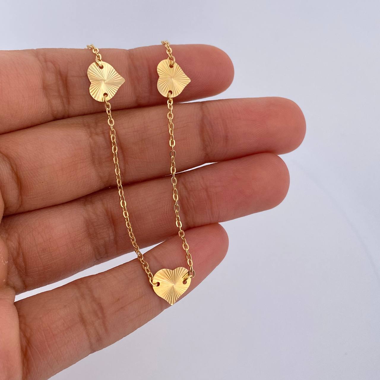 Tobillera Aro Seguido Corazones 1.8gr / 25cm / 1.1mm Diamantada Oro Amarillo 18K &