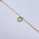Tobillera Aro Seguido Silueta Corazon 2.05gr / 25.1cm / 4mm Bolas Diamantadas Circones Verdes Oro Amarillo 18K &