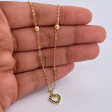 Tobillera Aro Seguido Silueta Corazon 2.05gr / 25.1cm / 4mm Bolas Diamantadas Circones Verdes Oro Amarillo 18K &
