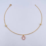 Tobillera Aro Seguido Silueta Corazon 2.1gr / 25.4cm / 4mm Bolas Diamantadas Circones Fucsias Blancos Oro Amarillo 18K &