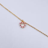 Tobillera Aro Seguido Silueta Corazon 2.1gr / 25.4cm / 4mm Bolas Diamantadas Circones Fucsias Blancos Oro Amarillo 18K &
