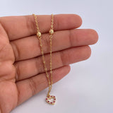 Tobillera Aro Seguido Silueta Corazon 2.1gr / 25.4cm / 4mm Bolas Diamantadas Circones Fucsias Blancos Oro Amarillo 18K &
