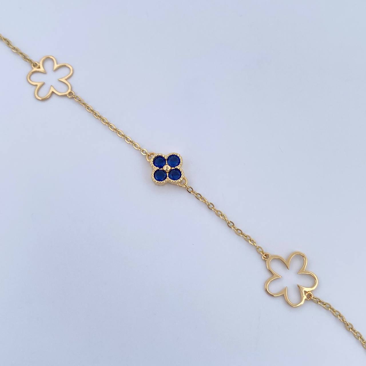 Pulso Aro Seguido Trebol Flores 2.4gr / 18cm / 1.7mm Circones Azules Oro Amarillo 18K &