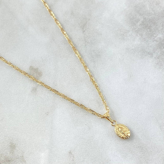 Cadena Singapur 1.15gr / 50cm / 1.7mm + Dije Guadalupe 0.35gr / 1.5cm Ovalo 1.5gr / Oro Amarillo 18K (Oferta)