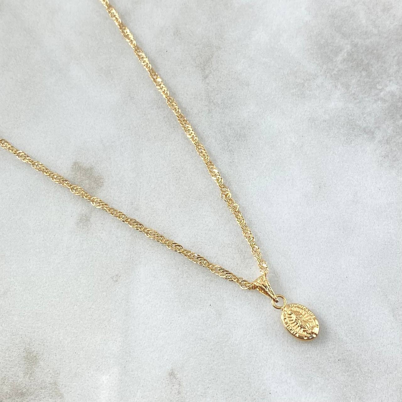 Cadena Singapur 1.1gr / 50cm / 1.7mm + Dije Guadalupe 0.35gr / 1.5cm Ovalo 1.45gr / Oro Amarillo 18K (Oferta)