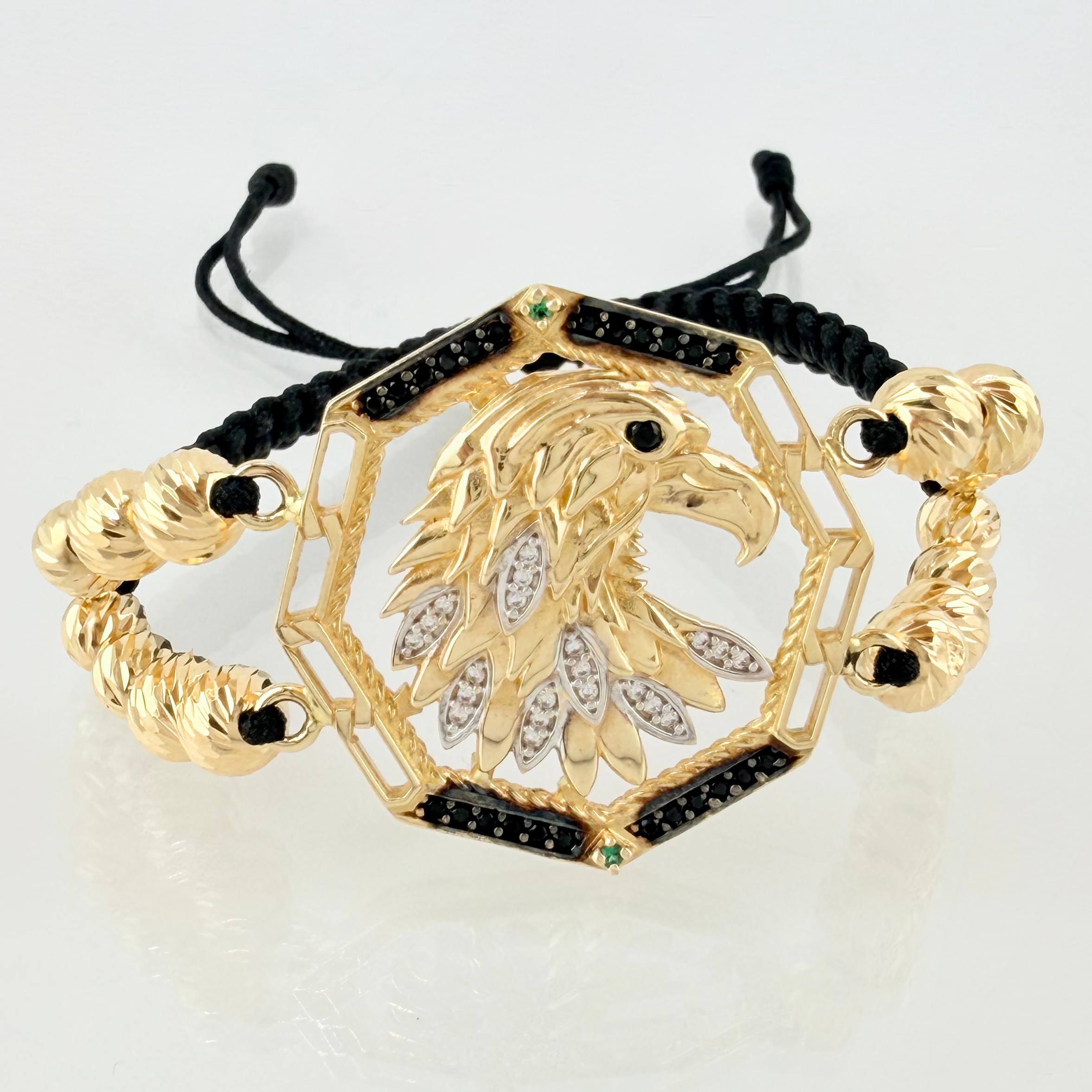 Pulsera Negra Medallon Aguila Bolas Diamantadas 16 und 10.75gr / 6mm-5mm Oro Amarillo 18K