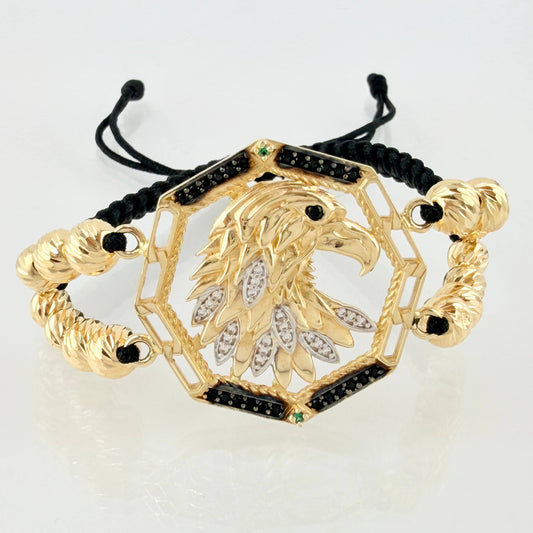Pulsera Negra Medallon Aguila Bolas Diamantadas 16 und 10.75gr / 6mm-5mm Oro Amarillo 18K