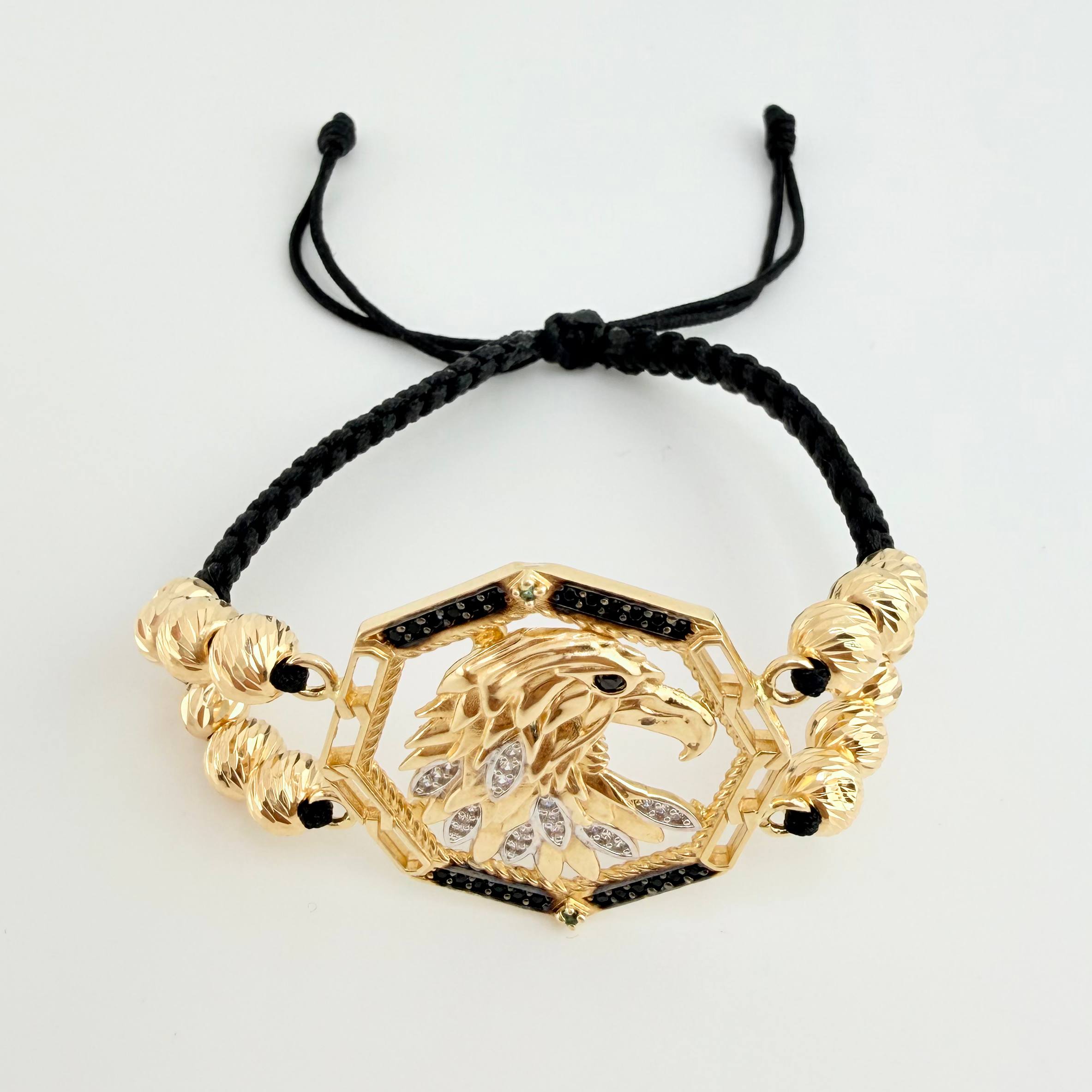 Pulsera Negra Medallon Aguila Bolas Diamantadas 16 und 10.75gr / 6mm-5mm Oro Amarillo 18K