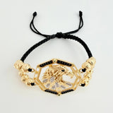 Pulsera Negra Medallon Aguila Bolas Diamantadas 16 und 10.75gr / 6mm-5mm Oro Amarillo 18K