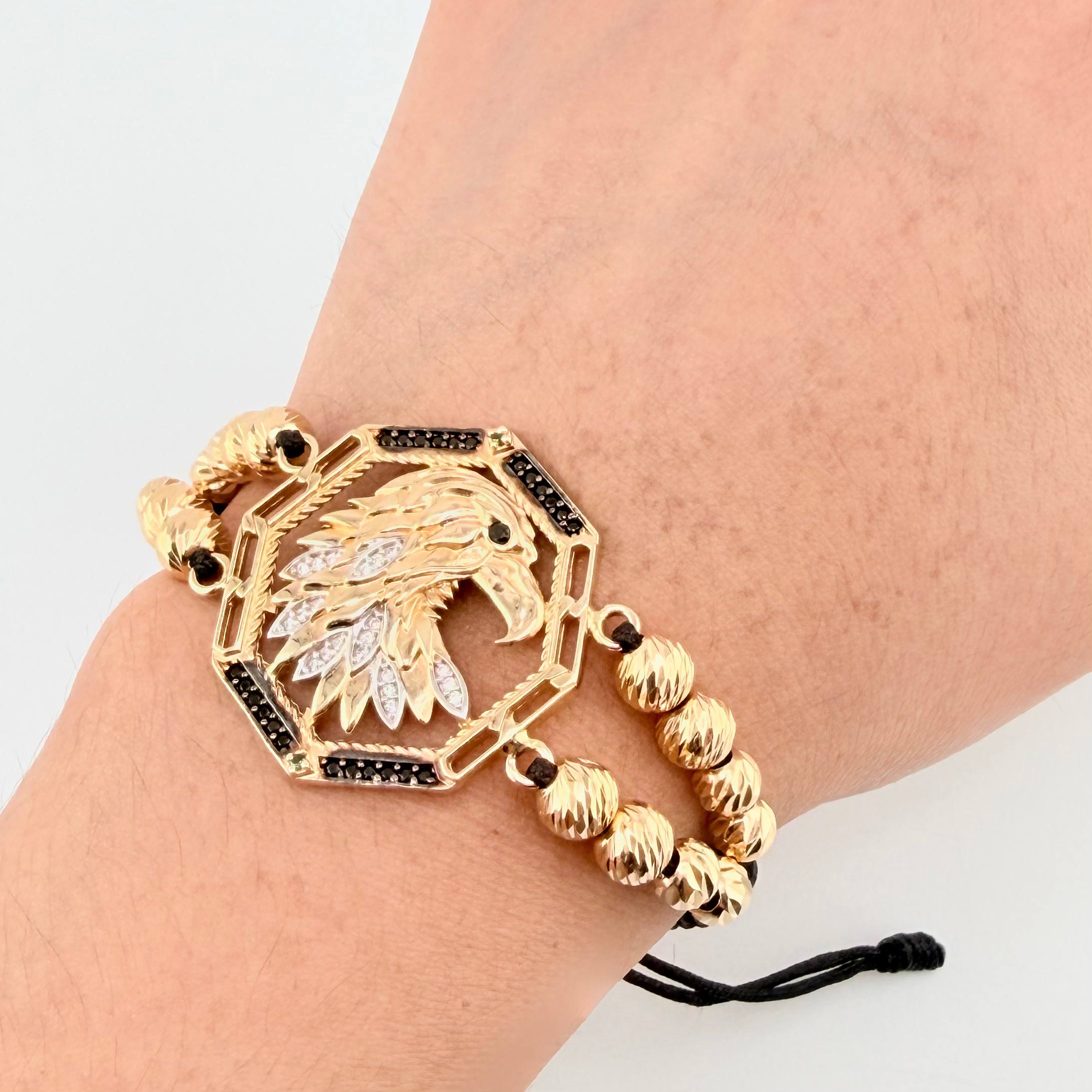Pulsera Negra Medallon Aguila Bolas Diamantadas 16 und 10.75gr / 6mm-5mm Oro Amarillo 18K