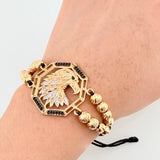 Pulsera Negra Medallon Aguila Bolas Diamantadas 16 und 10.75gr / 6mm-5mm Oro Amarillo 18K