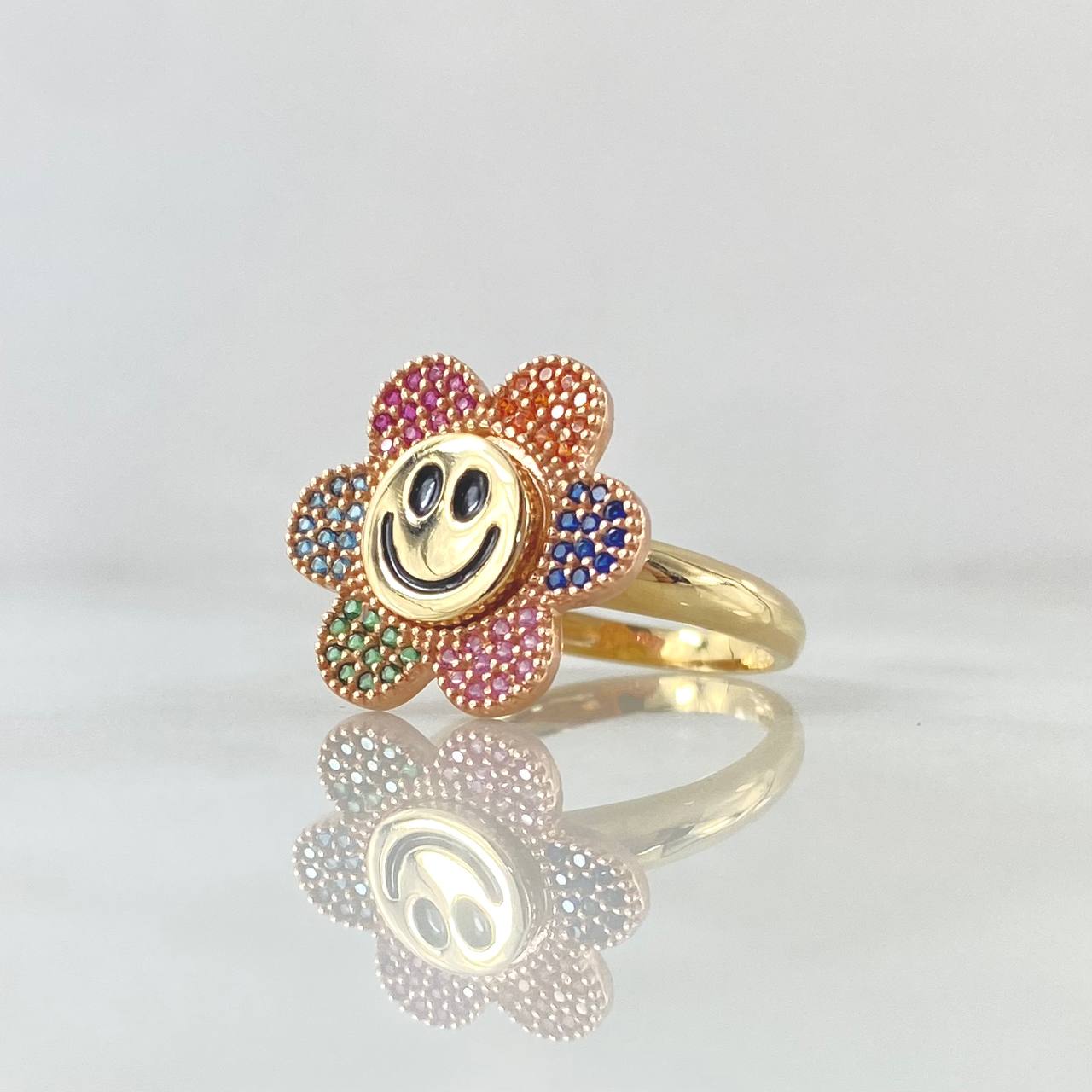 Anillo Flor Cara Feliz Movil 4.85gr / T6 1/2 / Circones Multicolar Oro Amarillo 18K ©