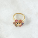 Anillo Flor Cara Feliz Movil 4.85gr / T6 1/2 / Circones Multicolar Oro Amarillo 18K ©
