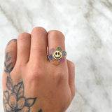 Anillo Flor Cara Feliz Movil 4.85gr / T6 1/2 / Circones Multicolar Oro Amarillo 18K ©