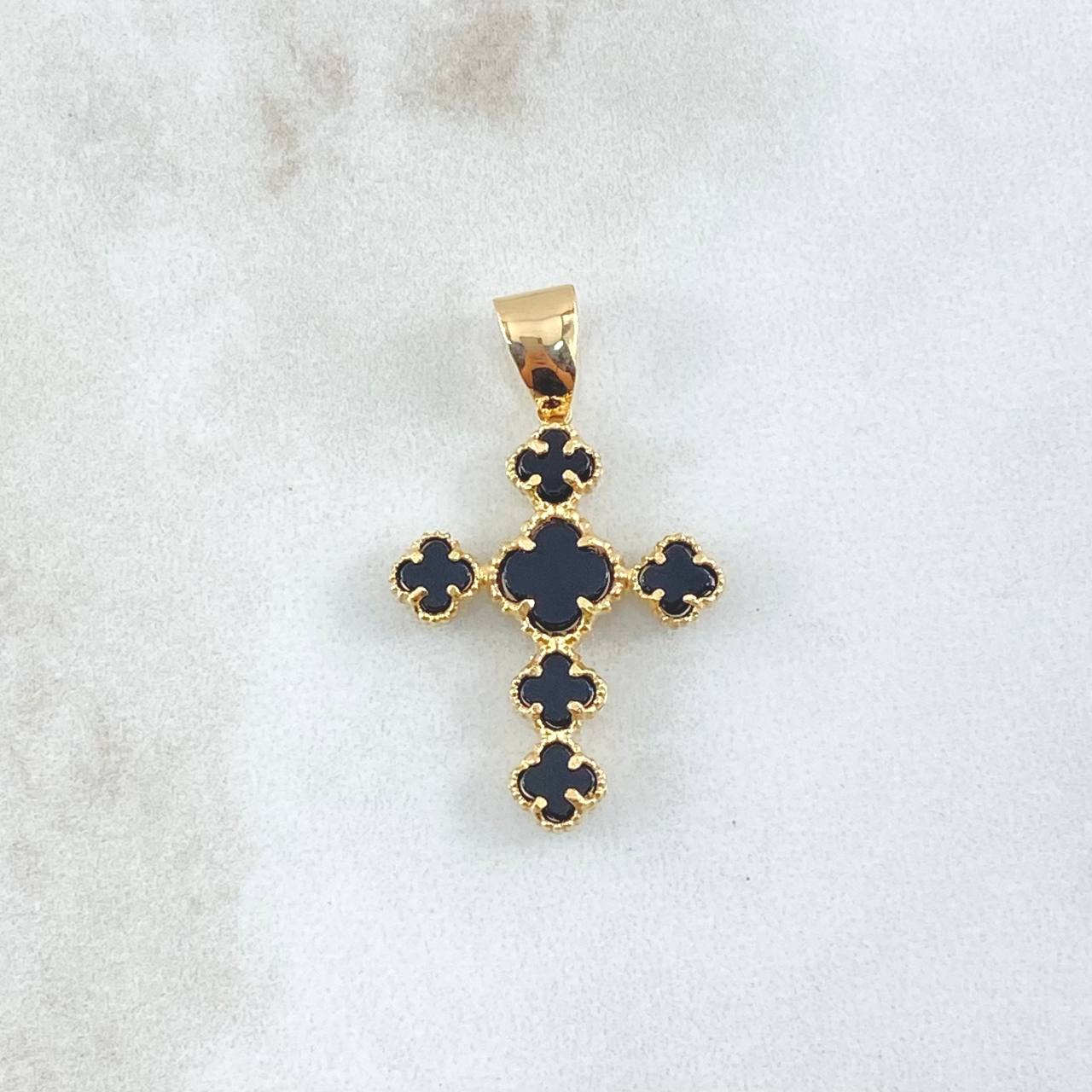 Dije Cruz Trébol VCyA 2.8gr / 3.2cm / Onix Negro Punteado Oro Amarillo Nac.Esp. 18K *