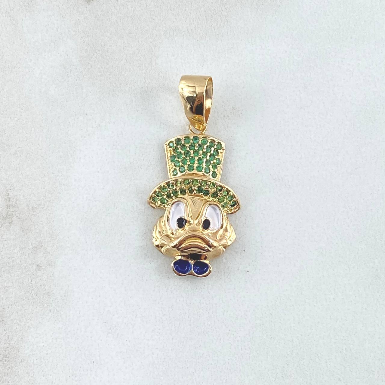Dije Cara Pato Dinero 3.9gr / 3cm / Corbatín Azul Circones Verdes Oro Amarillo 18K *