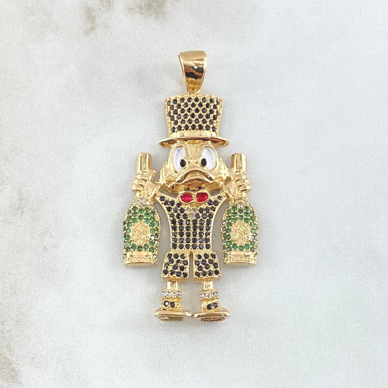 Dije Pato Dinero Botellas 11.15gr / 5cm / Corbatín Rojo Circones Negros Verdes Oro Amarillo 18K