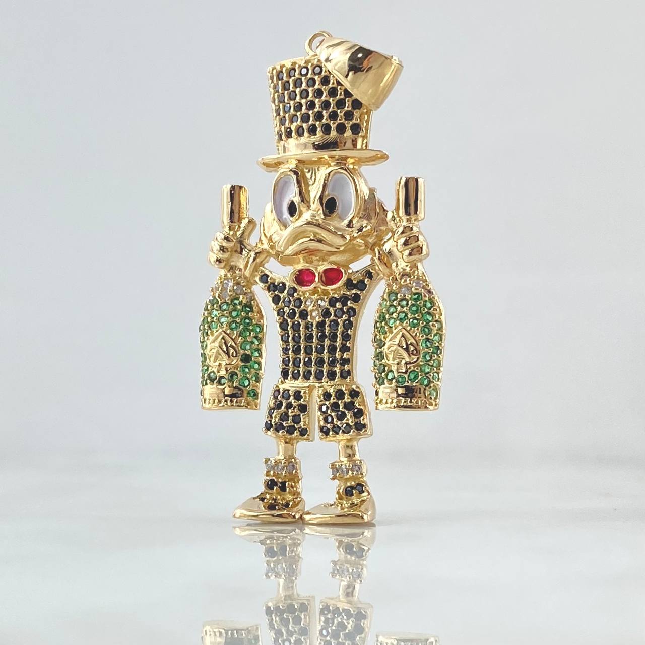 Dije Pato Dinero Botellas 11.15gr / 5cm / Corbatín Rojo Circones Negros Verdes Oro Amarillo 18K