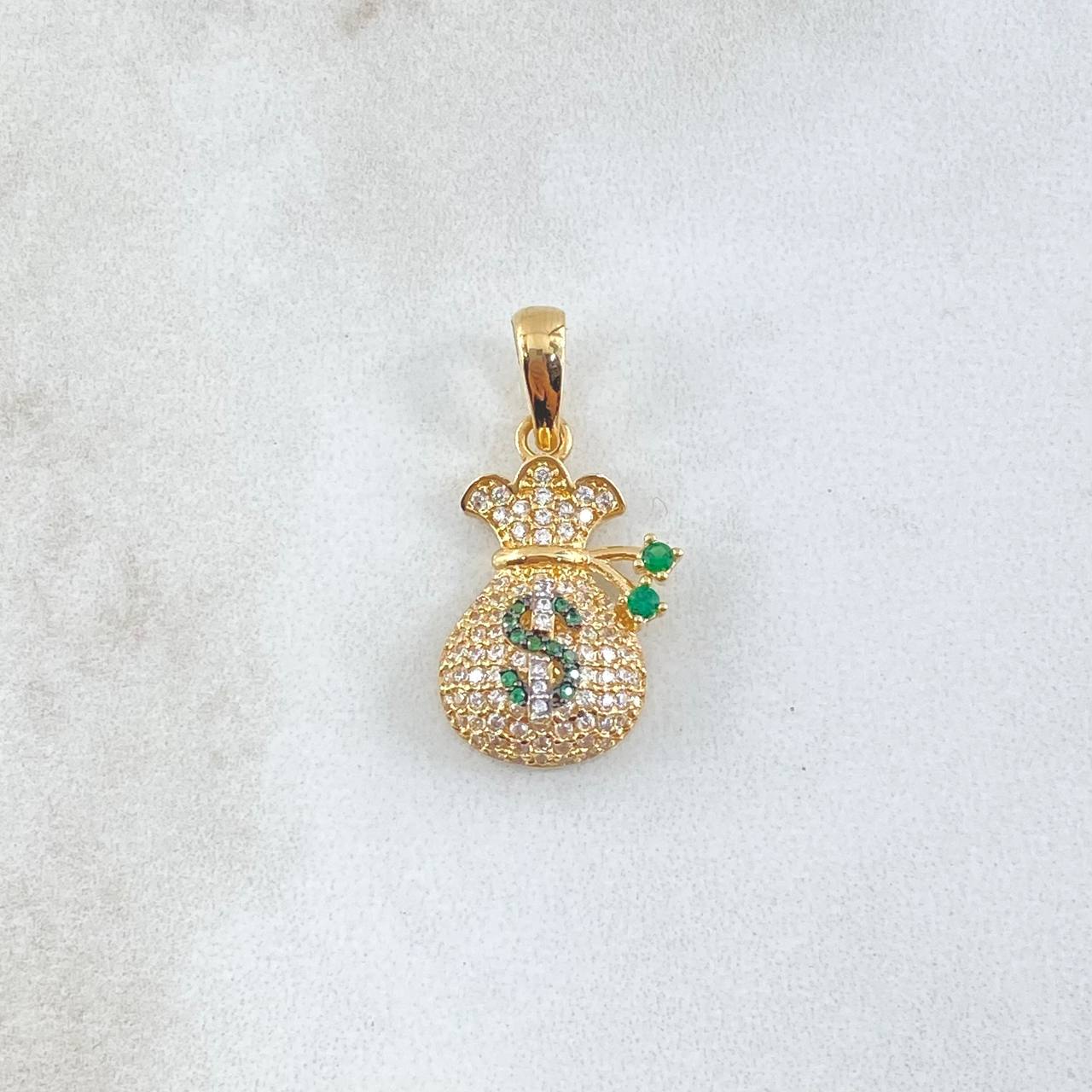 Dije Bolsa de Dinero Coquett 2.6gr / 2.5cm / Circones Blancos Verdes Oro Amarillo 18K ©