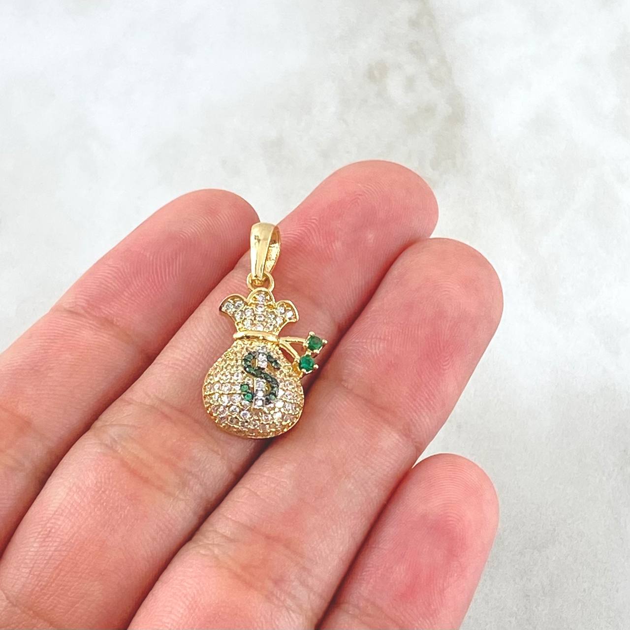Dije Bolsa de Dinero Coquett 2.6gr / 2.5cm / Circones Blancos Verdes Oro Amarillo 18K ©