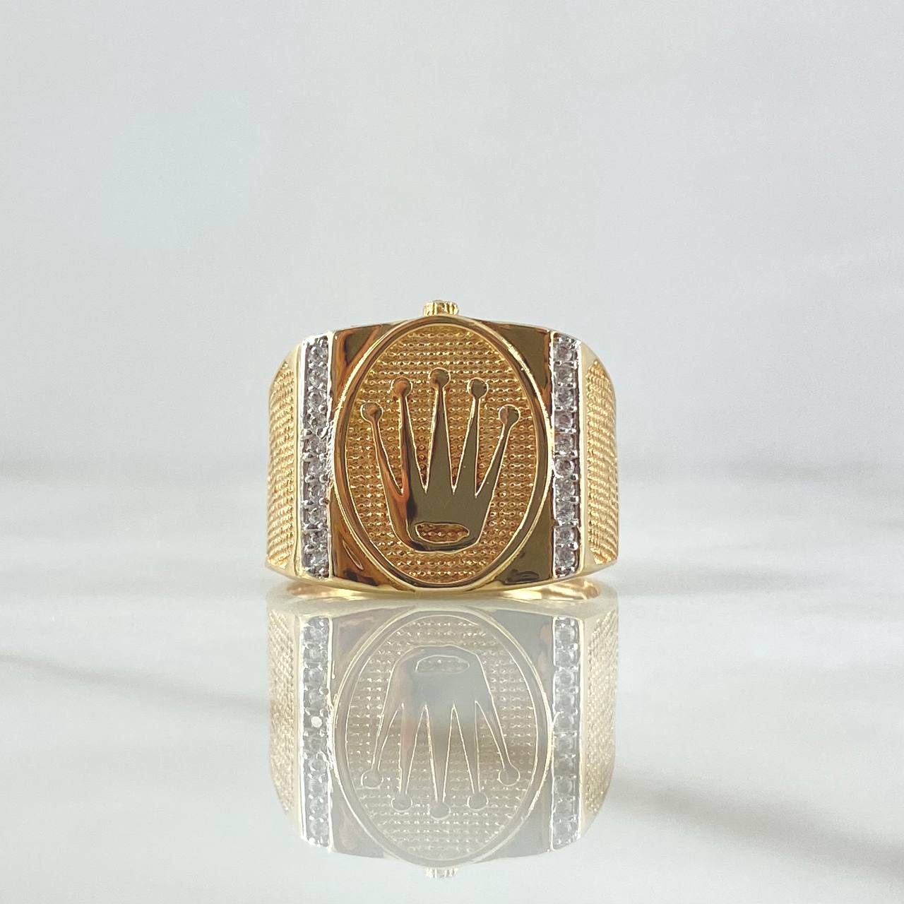 Anillo Sello Corona RX 7.8gr / T10 3/4 / Marco Ovalado Texturizado Circones Blancos Oro Amarillo 18K ©