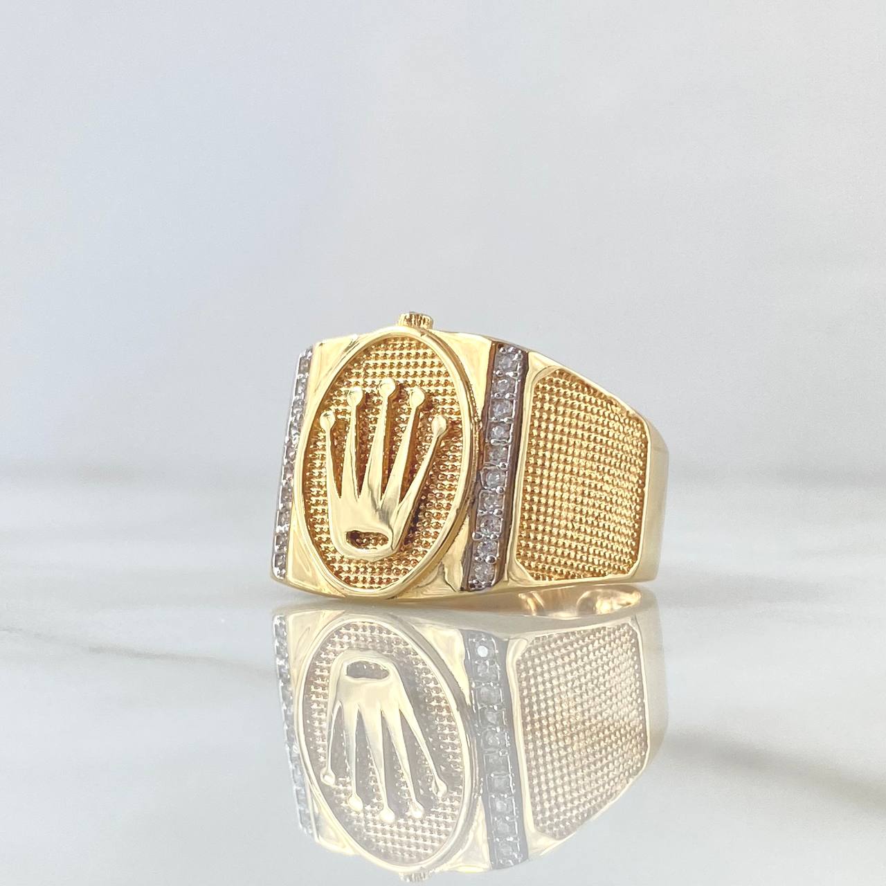 Anillo Sello Corona RX 7.8gr / T10 3/4 / Marco Ovalado Texturizado Circones Blancos Oro Amarillo 18K ©
