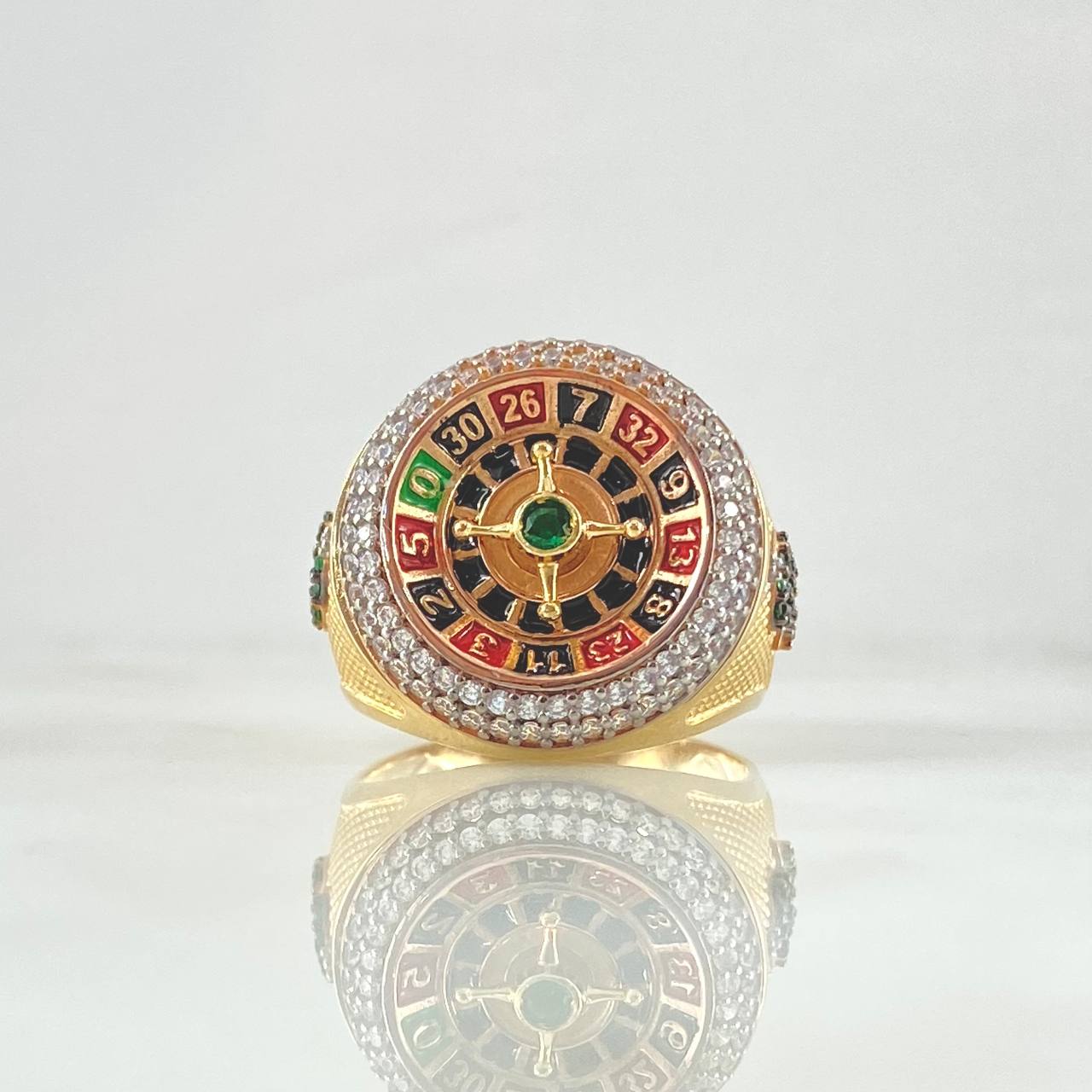Anillo Ruleta Casino Movil 15.2gr / T10 1/2 / Circones Blancos Verde Texturizado Dos Oros Amarillo Rosa 18K ©