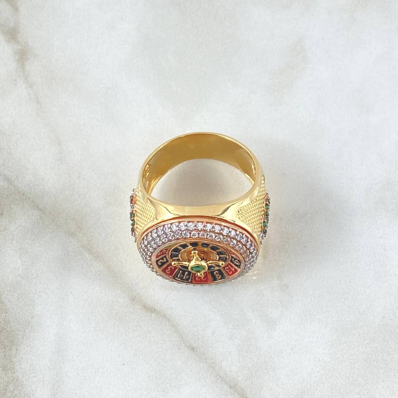Anillo Ruleta Casino Movil 15.2gr / T10 1/2 / Circones Blancos Verde Texturizado Dos Oros Amarillo Rosa 18K ©