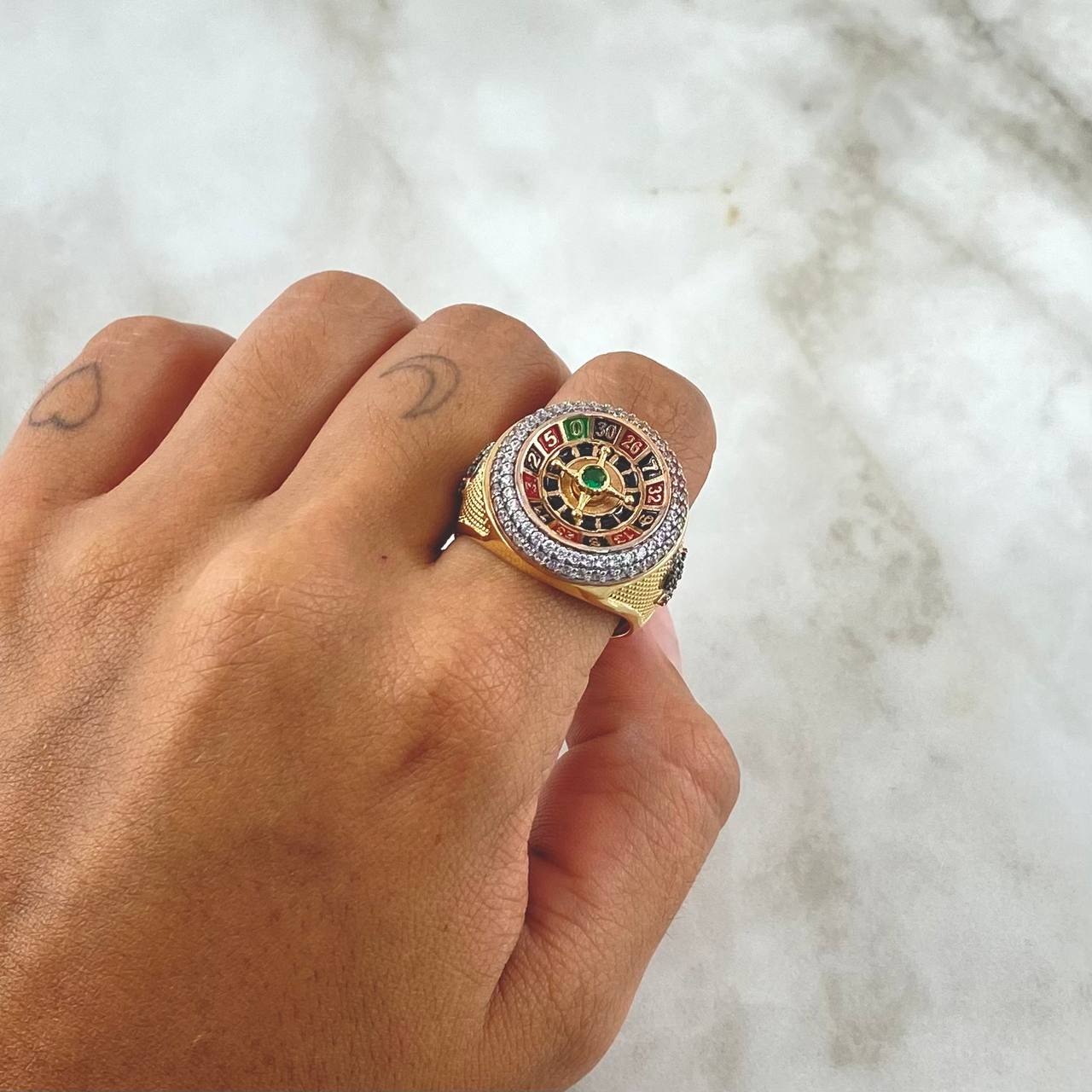 Anillo Ruleta Casino Movil 15.2gr / T10 1/2 / Circones Blancos Verde Texturizado Dos Oros Amarillo Rosa 18K ©