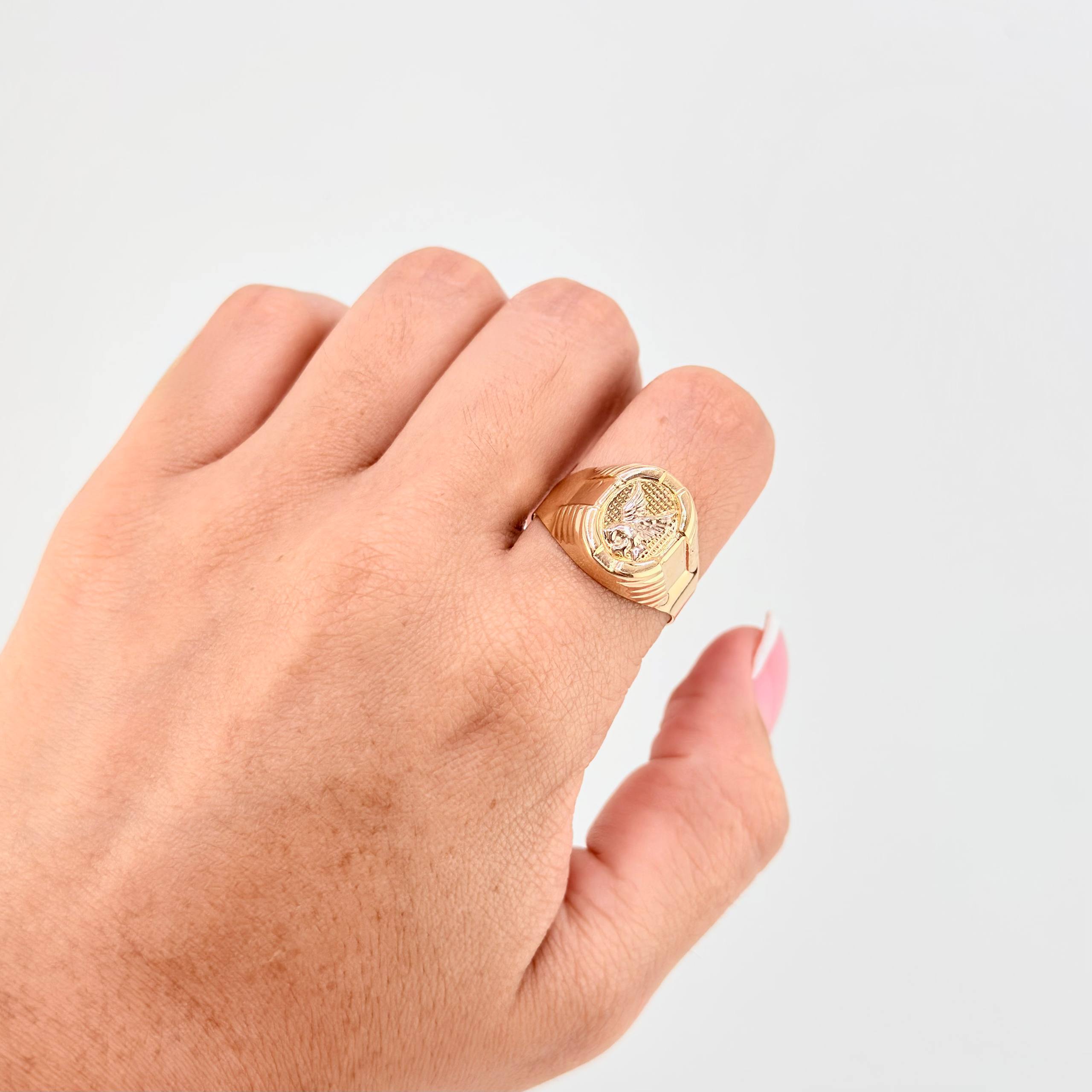 Anillo Marco Circular Aguila 3.7gr / T9 3/4 / Dos Oros Amarillo Blanco 18K *