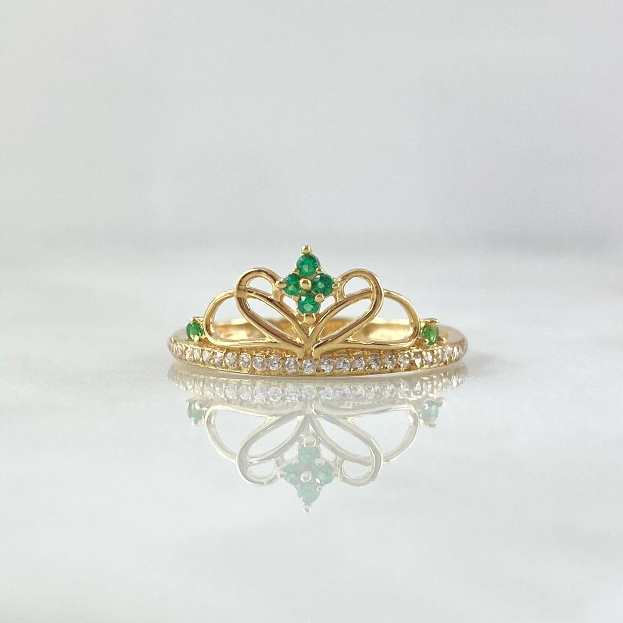 Anillo Corona Corazón Estilizado 1.4gr / T6 1/2 / Circones Blancos Verdes Oro Amarillo 18K ©