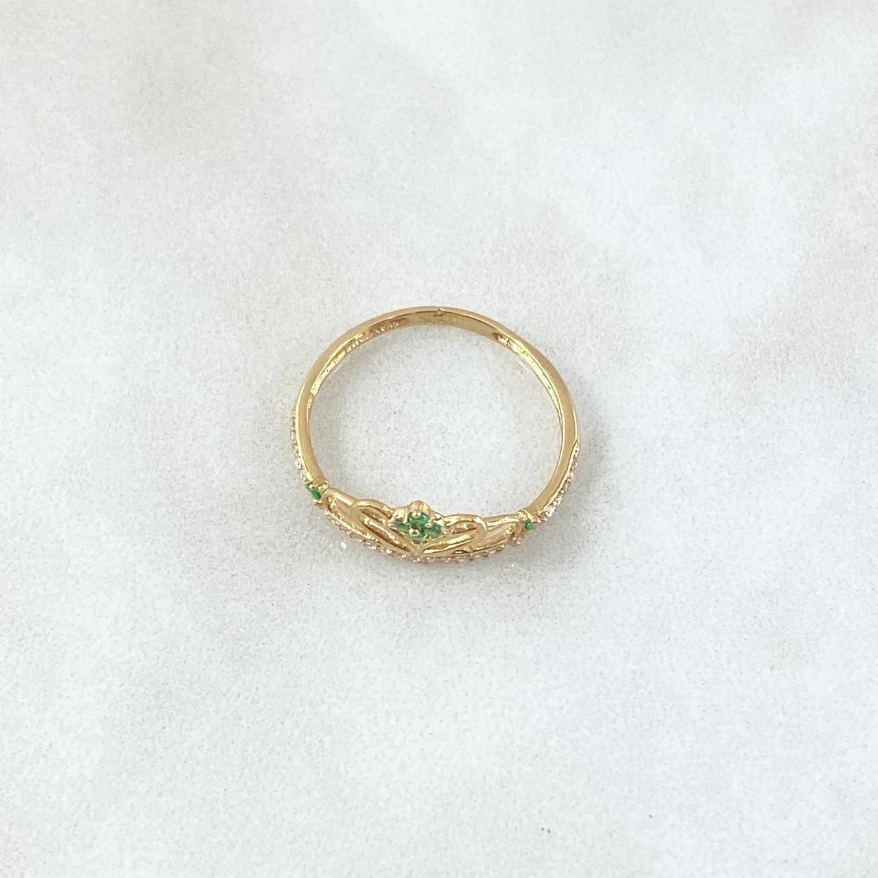 Anillo Corona Corazón Estilizado 1.4gr / T6 1/2 / Circones Blancos Verdes Oro Amarillo 18K ©