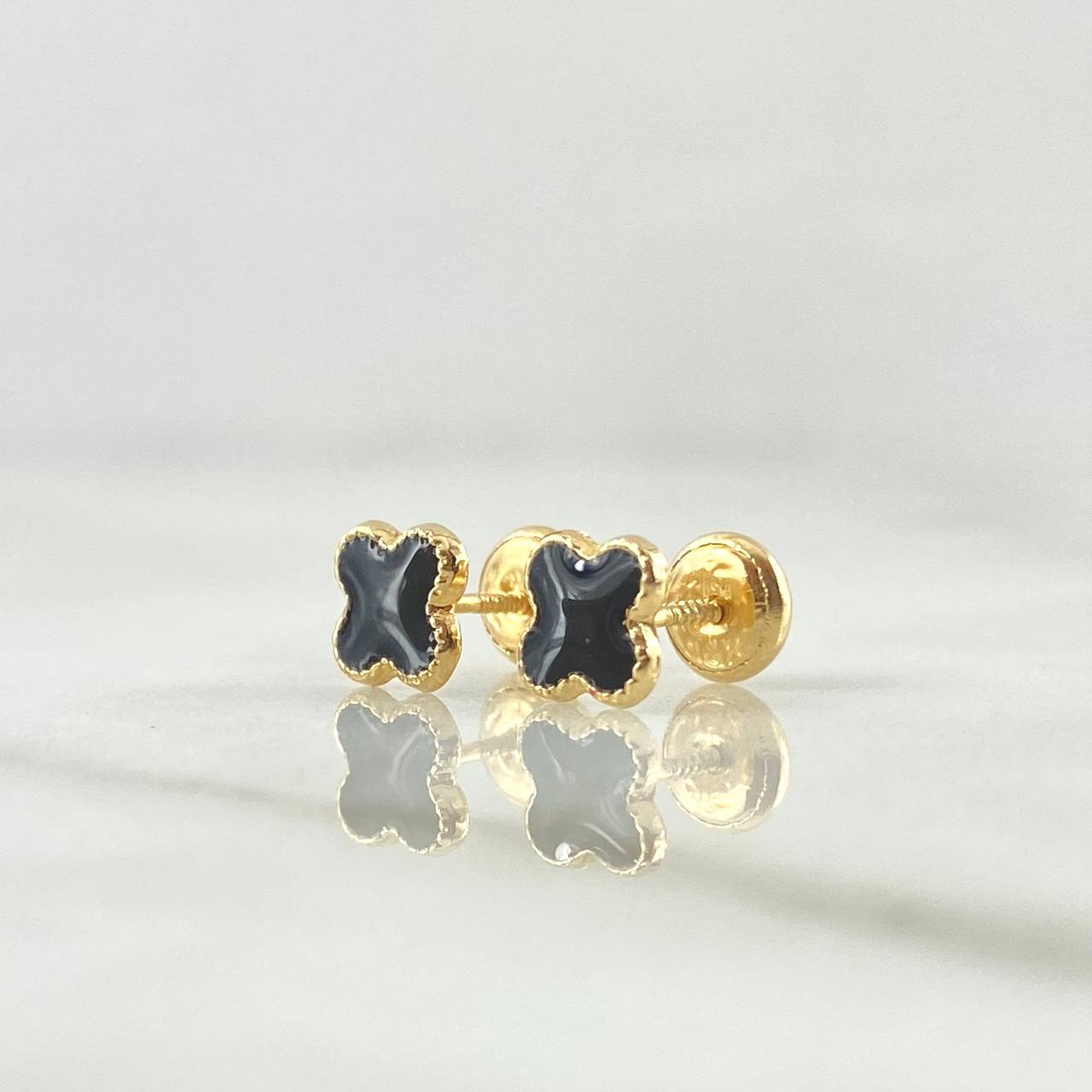 Topos Trebol 0.7gr / 6mm Borde Punteado Resina Negra Oro Amarillo 18K