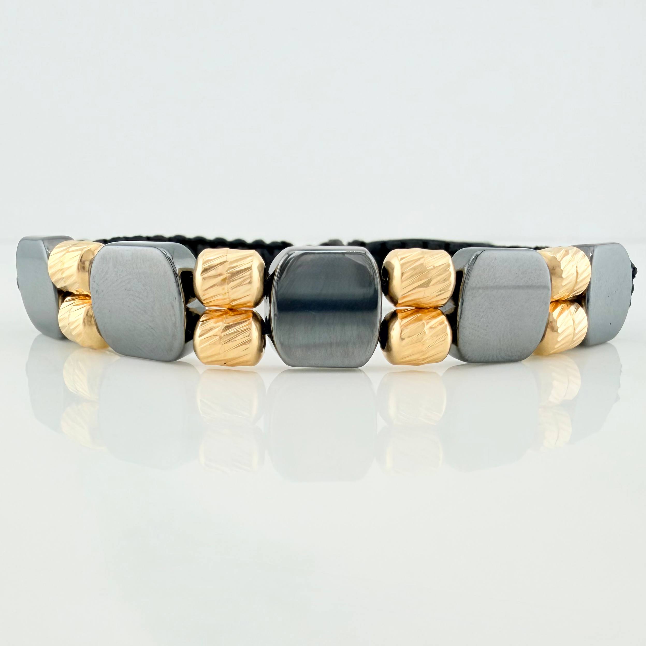 Pulsera Tejida Negra Piedra Hematita Oro Amarillo 18K