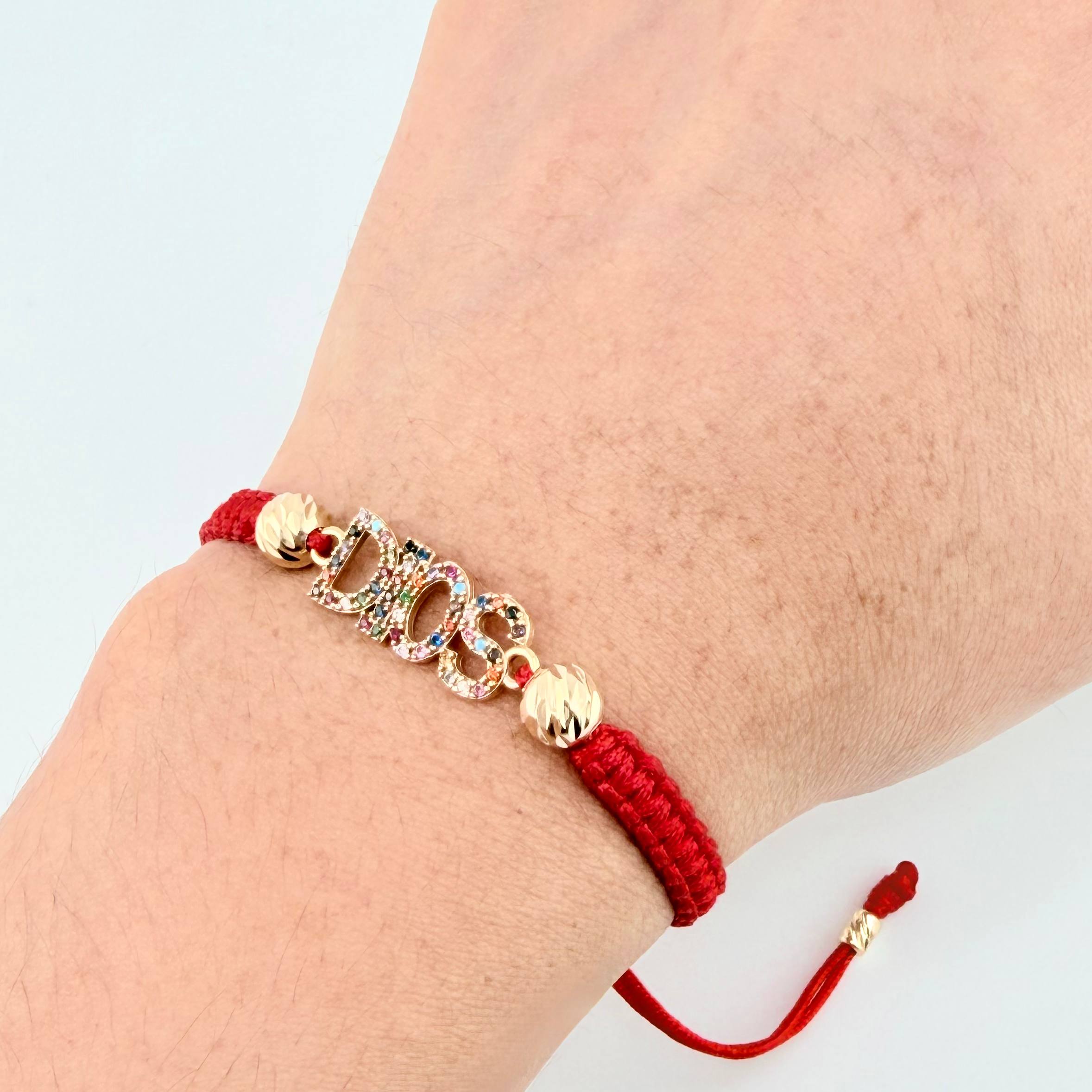 Pulsera Roja Dios Bolas Cilindros Diamantados 4und 2.25gr / 4mm-6mm Oro Amarillo 18K *
