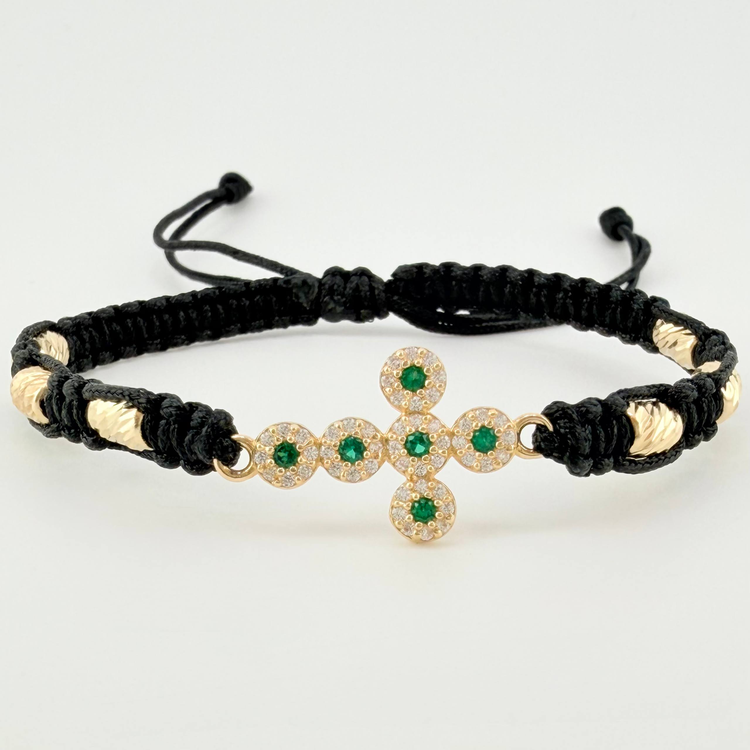 Pulsera Negra Cruz Cilindros Diamantados 6und 1.4gr / 4mm Oro Amarillo 18K *